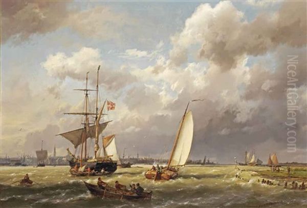 A Danish Merchant On The Ij Before Amsterdam Oil Painting by Hermanus Koekkoek the Elder