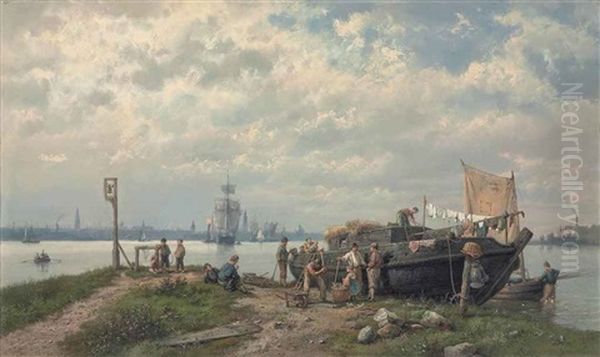 Fishing Folk, With A View Of Amsterdam In The Background Oil Painting by Hermanus Koekkoek the Elder