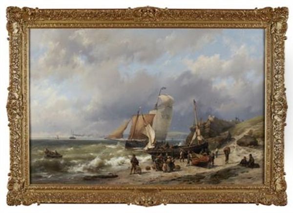 A Busy Coastal Scene With Fishing Boats And Figures On The Beach Oil Painting by Hermanus Koekkoek the Elder