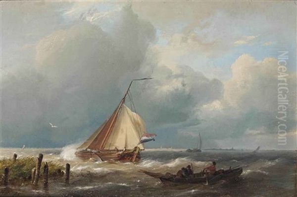 Flatboats And A Rowing Boat On The Zuiderzee by Hermanus Koekkoek the Elder