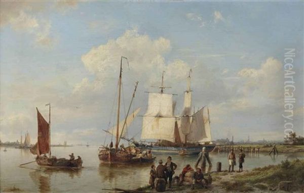 Shipping On A Calm Near An Estuary Oil Painting by Hermanus Koekkoek the Elder