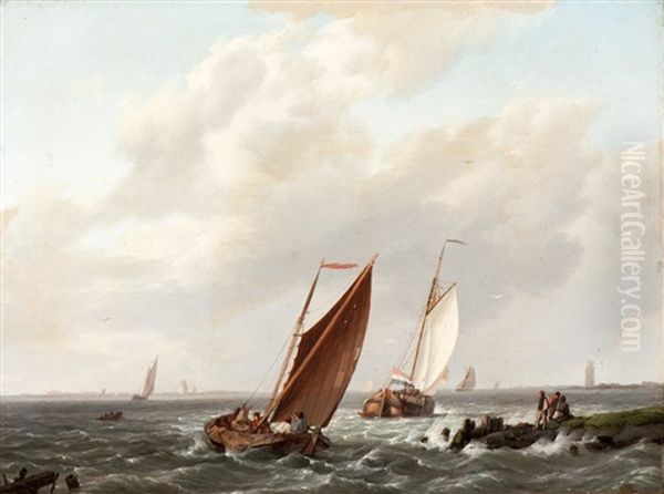 Ships On Choppy Internal Waters Oil Painting by Hermanus Koekkoek the Elder