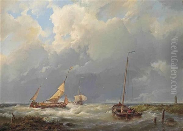 Coastal Scene With Fishing Vessels Oil Painting by Hermanus Koekkoek the Elder