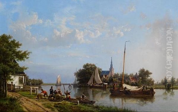 Barges On A Canal In Summer Oil Painting by Hermanus Koekkoek the Elder