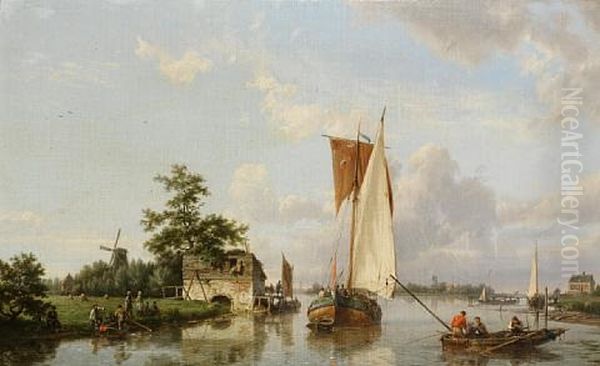 Dutch River Scene With A Sailing Barge, Fishermen And Figures Gathered On The Bank Oil Painting by Hermanus Koekkoek the Elder