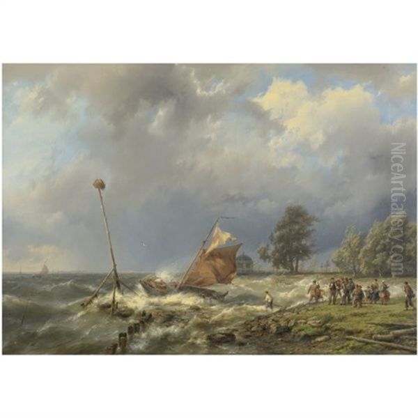 Fighting The Wind Oil Painting by Hermanus Koekkoek the Elder