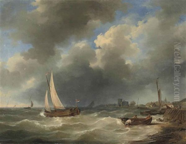 Sailing Vessels In A Stiff Breeze Oil Painting by Hermanus Koekkoek the Elder