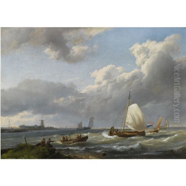 A Coastal Scene With Fishing Vessels Oil Painting by Hermanus Koekkoek the Elder