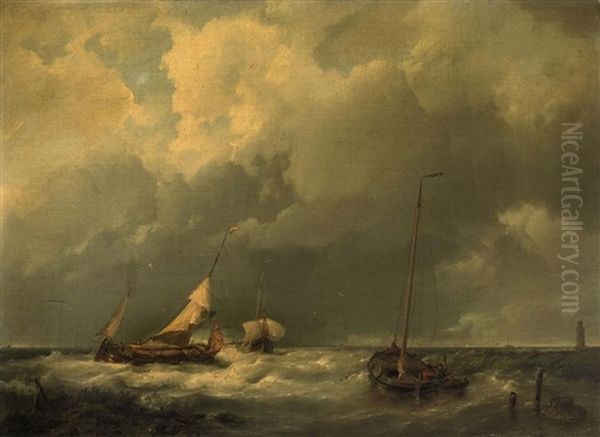 Coastal Scene With Fishing Vessels Oil Painting by Hermanus Koekkoek the Elder