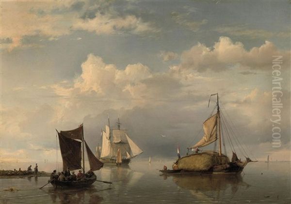 A Haybarge On A Calm Oil Painting by Hermanus Koekkoek the Elder