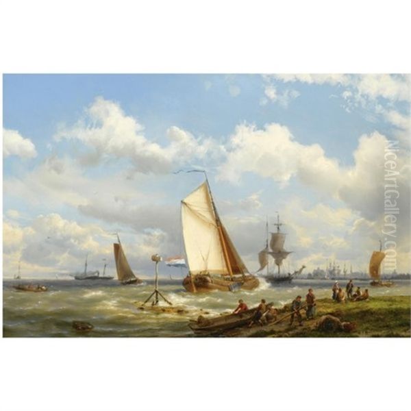 A Busy Harbour, Middelburg Oil Painting by Hermanus Koekkoek the Elder