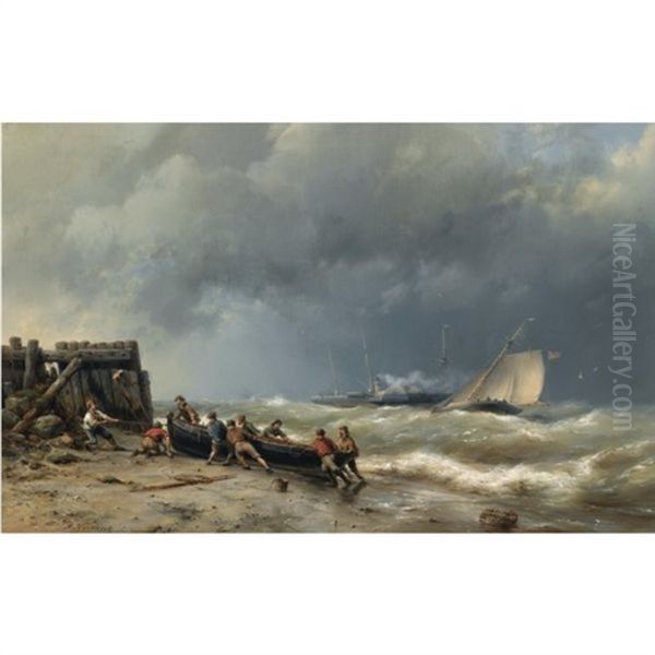 Pulling The Boat Ashore Oil Painting by Hermanus Koekkoek the Elder