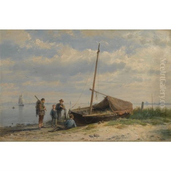 Fisherfolk By An Estuary Oil Painting by Hermanus Koekkoek the Elder