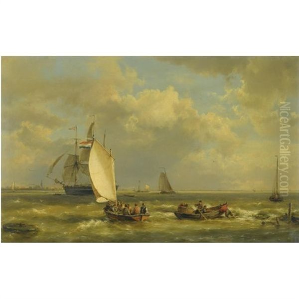 Fishermen Near The Coast Oil Painting by Hermanus Koekkoek the Elder