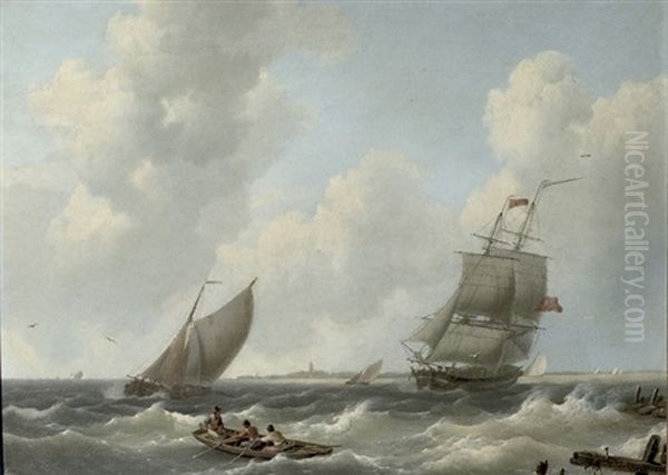 Shipping On Choppy Waters Oil Painting by Hermanus Koekkoek the Elder