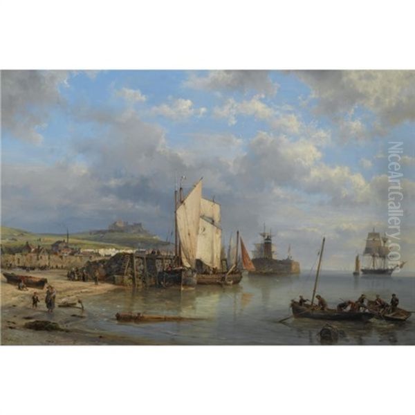 A Harbour Scene At Low Tide Oil Painting by Hermanus Koekkoek the Elder