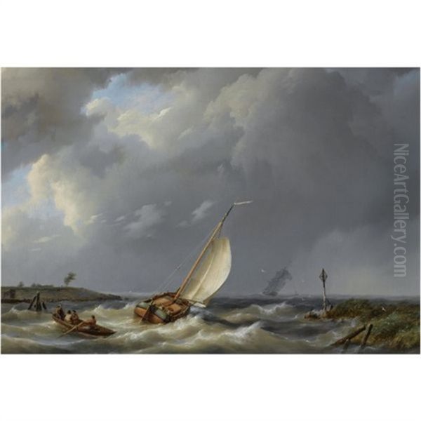 A Fishing Vessel Heading Into Open Waters, A Two-mast In The Distance Oil Painting by Hermanus Koekkoek the Elder