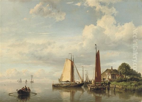 Moored Sailing Vessels Oil Painting by Hermanus Koekkoek the Elder