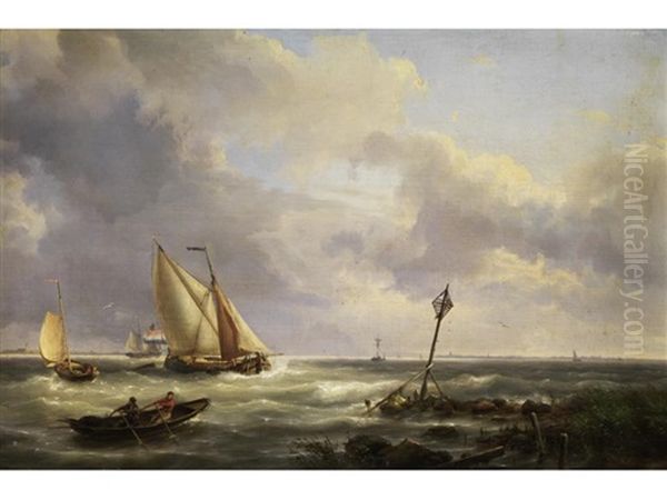 Segelschiffe Auf Bewegten Wogen Am Ufer Oil Painting by Hermanus Koekkoek the Elder