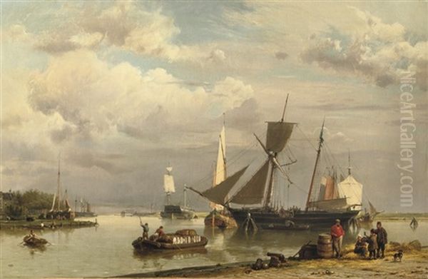 Near Groningen: Loading The Two-master On A Calm Day Oil Painting by Hermanus Koekkoek the Elder