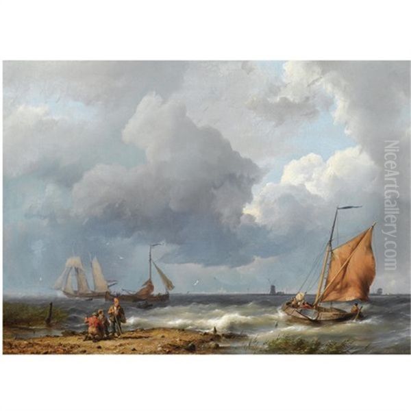 Shipping Off The Coast In Stormy Weather Oil Painting by Hermanus Koekkoek the Elder