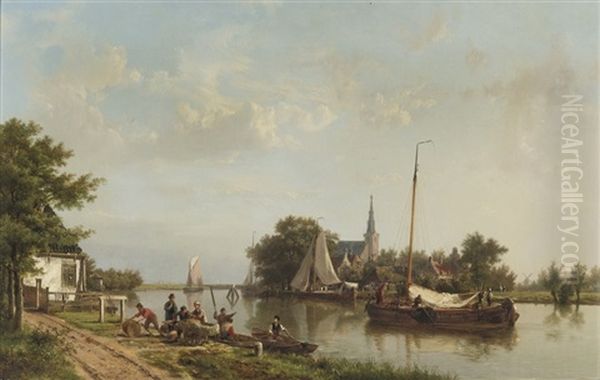 A Village Along A Calm River In Summer Oil Painting by Hermanus Koekkoek the Elder