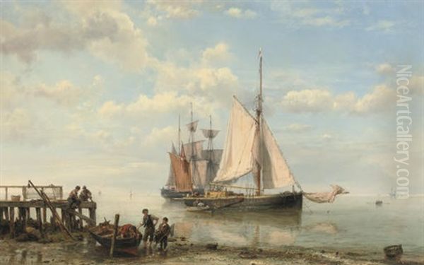 Sailing-vessels By A Coast On A Calm Sea Oil Painting by Hermanus Koekkoek the Elder