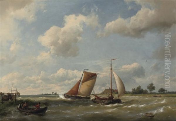 Barges On Choppy Water Oil Painting by Hermanus Koekkoek the Elder