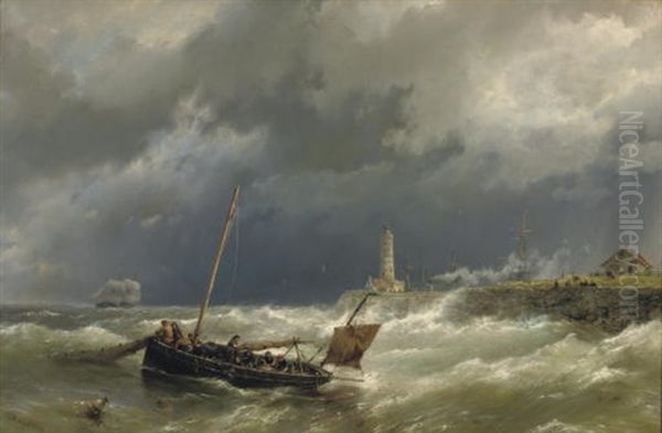 Gathering The Nets On A Stormy Sea Oil Painting by Hermanus Koekkoek the Elder