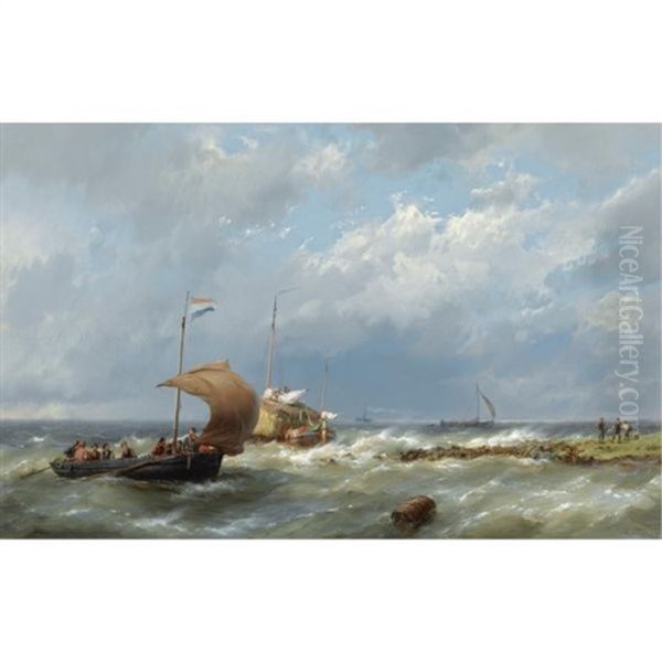 Shipping In Stormy Weather Oil Painting by Hermanus Koekkoek the Elder