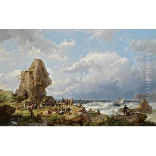 Many Shipwrecked Figures On A Rocky Coast Oil Painting by Hermanus Koekkoek the Elder