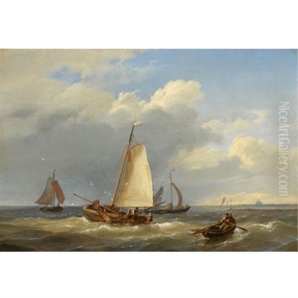 Fishermen Hauling In The Nets Oil Painting by Hermanus Koekkoek the Elder