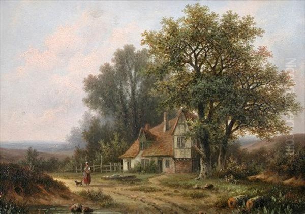 A Walker And A Dog By A Cottage In A Landscape Oil Painting by Hermanus Koekkoek the Elder