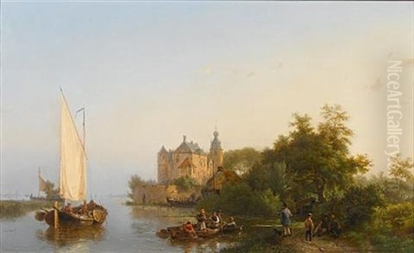 Fishing Near A Castle Oil Painting by Hermanus Koekkoek the Elder