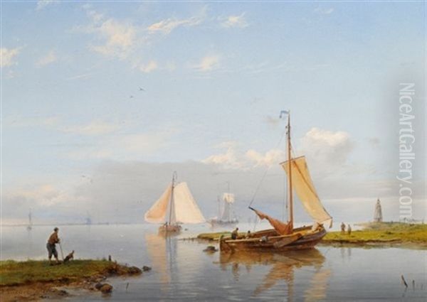 A River Landscape With Sailing Vessels Oil Painting by Hermanus Koekkoek the Elder