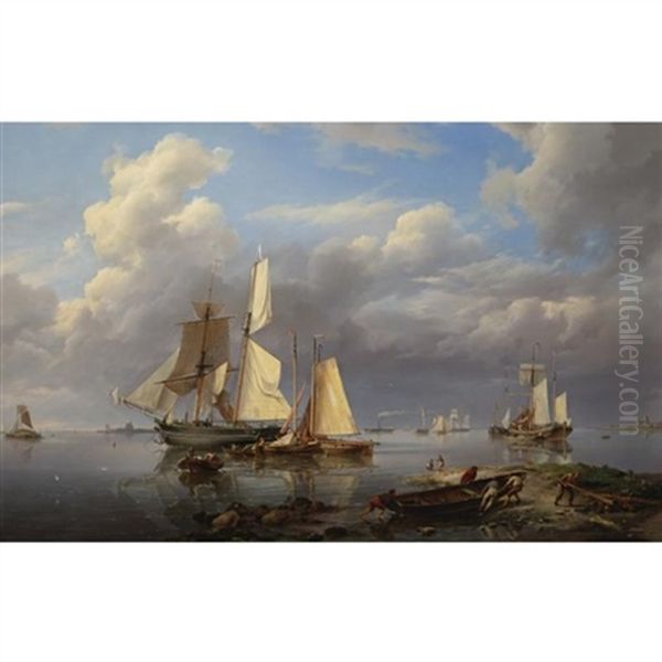 Shipping Estuary: Hauling In The Boats At Day's End Oil Painting by Hermanus Koekkoek the Elder