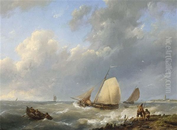 Shipping Off The Coast Oil Painting by Hermanus Koekkoek the Elder