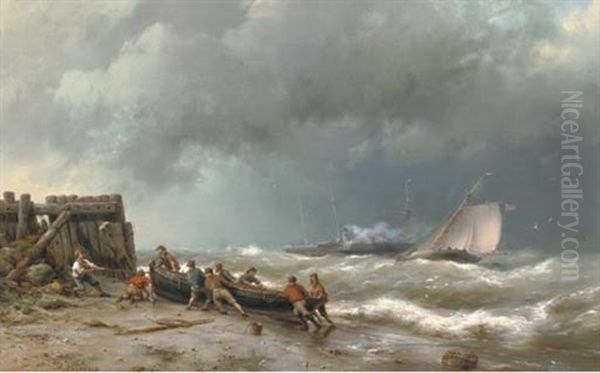 Pulling The Boat Ashore Oil Painting by Hermanus Koekkoek the Elder