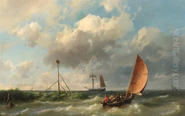 A Fishing Vessel Heading Into Open Waters Oil Painting by Hermanus Koekkoek the Elder