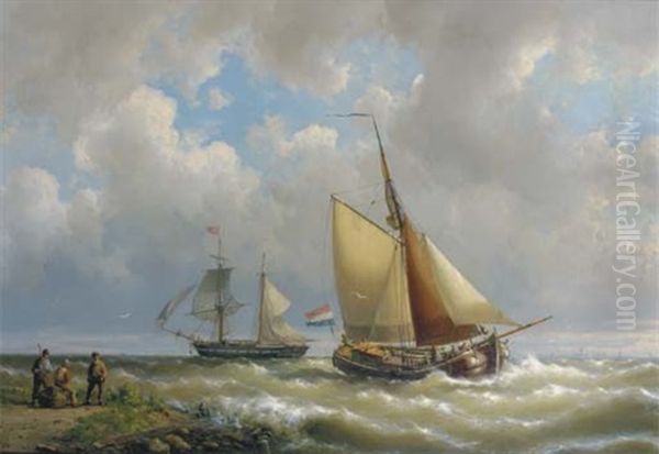 Sailing Along A Coast, A Two-master In The Distance Oil Painting by Hermanus Koekkoek the Elder