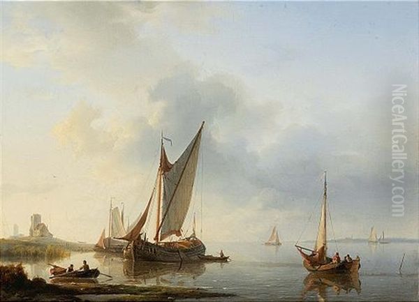 Shipping In An Estuary Oil Painting by Hermanus Koekkoek the Elder