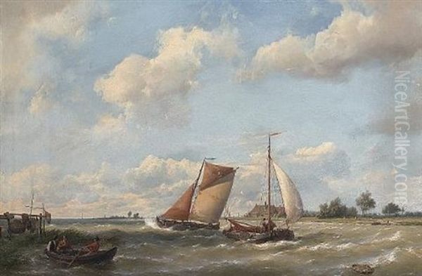 Dutch Barges Off A Coast With Fishermen In A Rowing Boat Oil Painting by Hermanus Koekkoek the Elder