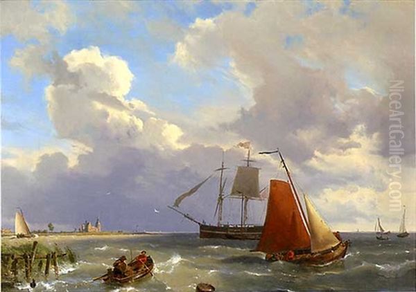 Shipping In A Choppy Estuary Oil Painting by Hermanus Koekkoek the Elder