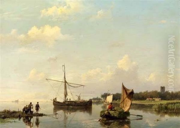 Activities On A Calm River In Summer Oil Painting by Hermanus Koekkoek the Elder