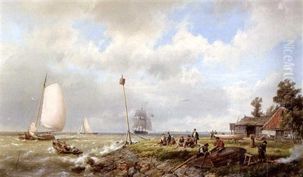 A Coastal Scene With Figures Repairing A Boat Oil Painting by Hermanus Koekkoek the Elder