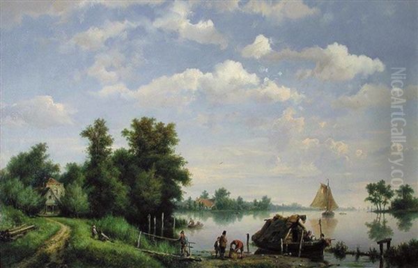 Figures By A Boat On A Lake Oil Painting by Hermanus Koekkoek the Elder