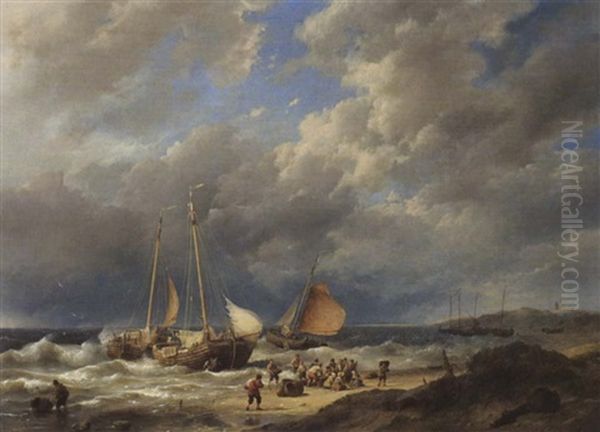 Bringing In The Catch Oil Painting by Hermanus Koekkoek the Elder