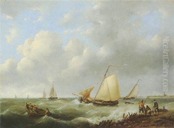 Schiffe Auf Bewegter See In Kustennahe Oil Painting by Hermanus Koekkoek the Elder