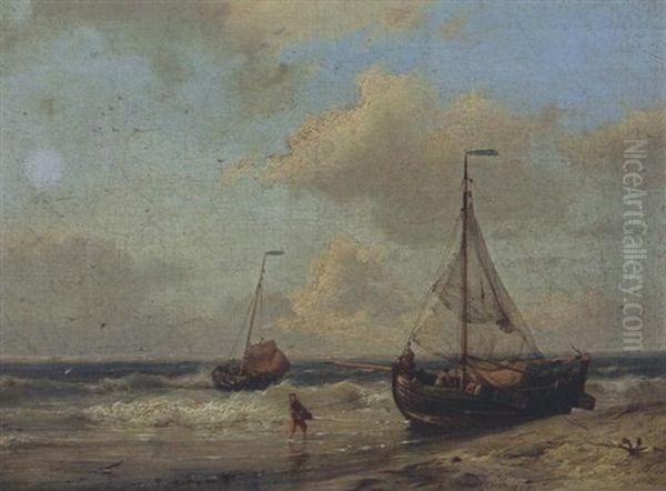 Fishing Boats At Low Tide Oil Painting by Hermanus Koekkoek the Elder