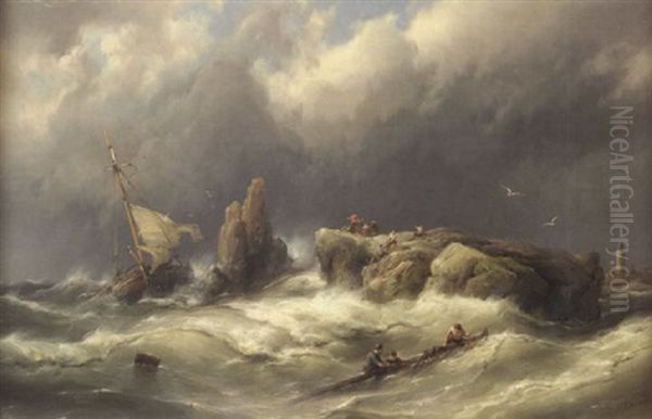 A Shipwreck Off The Coast Oil Painting by Hermanus Koekkoek the Elder